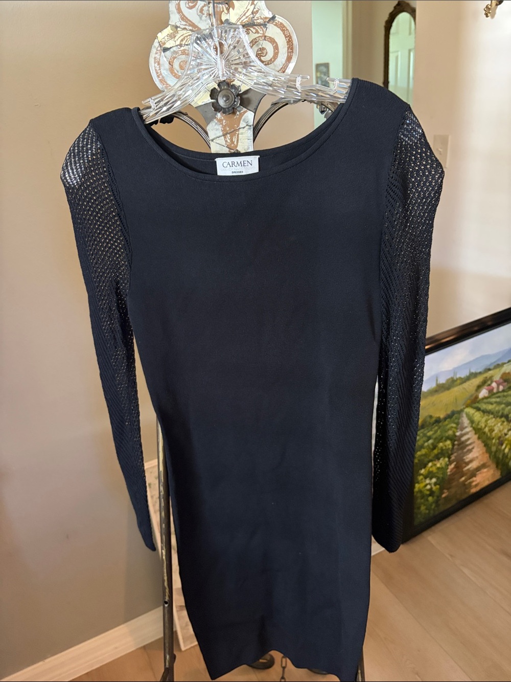 Black Long Sleeve Knit Dress mesh sleeves mid length